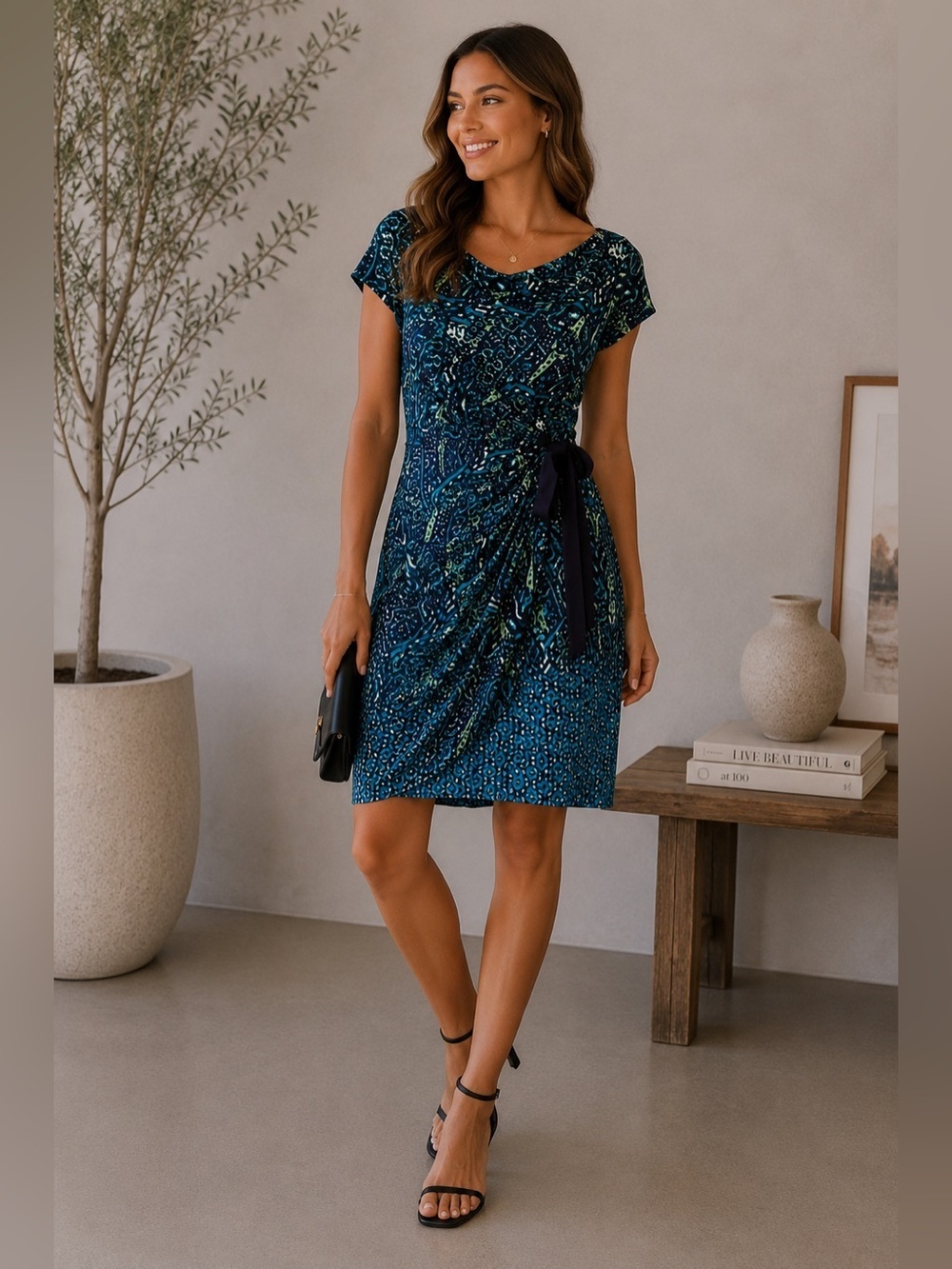 Taylor Blue and Black Ruched Wrap Midi Dress